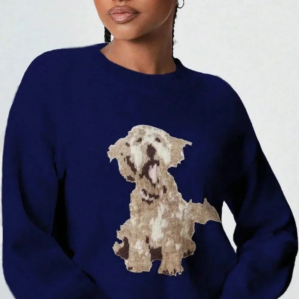 Blue Casual Women's Dog Graphic Knitted Sweater - Picture 4 of 6